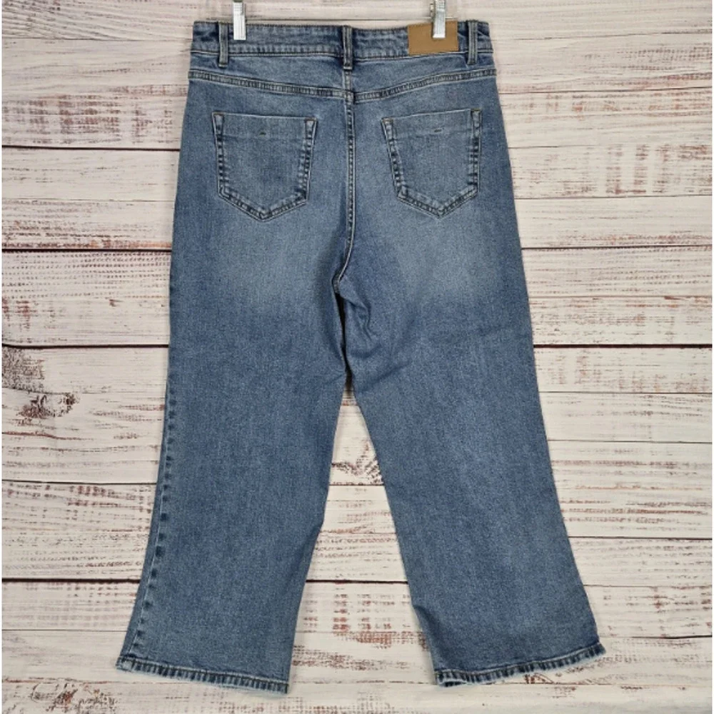Desigual Women's Wide Leg Jeans US (12) High Waist Crop Med Rinse Preppy Boho